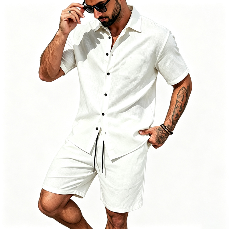 Men Linen Two Piece Outfit Sho - Shirt Camp Collar review and price
